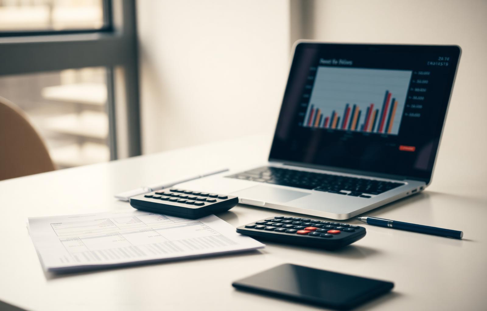 Mesa de trabalho contábil com laptop, calculadora e relatórios financeiros